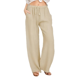 Pantalon large pour femme, taille haute, cordon de serrage, en lin et coton, coupe ample, couleur unie, décontracté, été, longueur entière, avec poches - Product Image 4