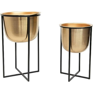 Ensemble de 2 jardinières modernes en métal doré avec supports noirs, pour intérieur et extérieur, élégant pot doré et support noir, décoration moderne pour la maison et le jardin - Product Image 1