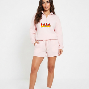 Ensemble 2 pièces en polaire pour femme : Sweat-shirt demi-zip et short au-dessus du genou, coupe ample, rose uni, tenue décontractée printemps-été - Product Image 1