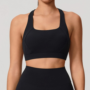 Soutien-gorge de sport pour femme, couleur unie, col carré, dos nu, maintien élevé, respirant, séchage rapide, sans coutures, avec logo frontal - Product Image 2