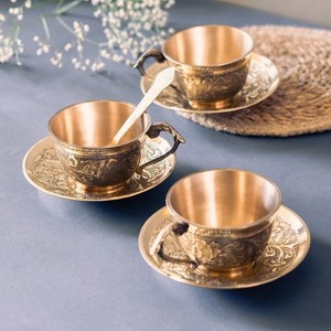 Vintage Brass Tea <b>Cup</b> and <b>Saucer</b> Set Carved Round Handmade Tea Service for Home Gift - Product Image 1