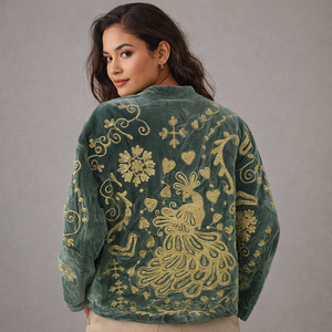 Green Velvet Autumn Jacket Reversible Quilted Sheep Skin Leather Custom Logo Floral Boho Outerwear Full Sleeve O-Neck Collar - Product Image 3