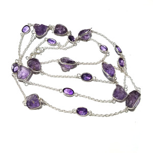 Collar de Cadena Largo de Plata de Ley con Amatista Natural, Hecho a Mano, Estilo Bohemio, Certificado por Terceros, con Cristal de Destaque - Product Image 4