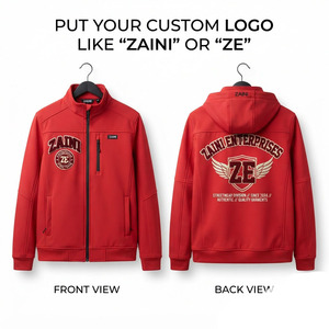ZAINI Men's 220 GSM Softshell <b>Jacket</b> Premium 3 Layer Fabric <b>Red</b> Black Panel Design <b>Hooded</b> Breathable Windproof Eco-Friendly - Product Image 1
