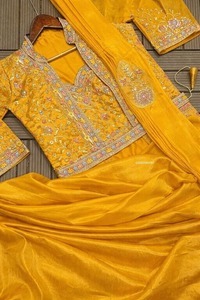 Heavy Work Satin Saree Bridal Party Wear Satin Saree Stylish Satin Saree with <b>Jacket</b> <b>Womens</b> Indian Designer Satin Saree - Product Image 2