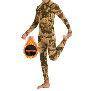 Ensemble de sous-vêtements thermiques de compression pour hommes, camouflage, manches longues, avec doublure en velours pour plus de chaleur, vêtements de sport, course à pied - Product Image 1