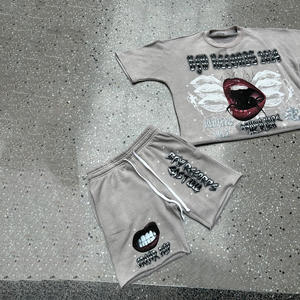 เสื้อยืดครอปพิมพ์ลาย DTG ทรงบ็อกซี่แบบวินเทจ ล้างสีด้วยกรด ผลิตตามสั่ง OEM ชุดเสื้อยืดแขนสั้นและกางเกงขาสั้น ชุดสตรีทแวร์ฮิปฮอปสำหรับผู้ชาย ฤดูร้อน - Product Image 3