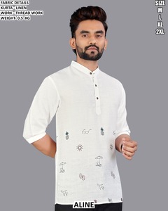 Kurta de Lino Blanco para Hombre, Corte Regular, Estilo Casual, Línea A, con Bordado, Estilo India Pakistán, Tallas M, L, XL, 2XL - Product Image 3