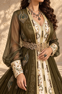 Caftan Maxi Élégant Vert Olive et Ivoire Brodé en Velours Prune avec Manches Transparentes et Dos Drapé pour Femme Musulmane Mishkat Couture - Product Image 4