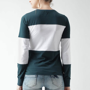 <b>Women's</b> Solid Crew Neck <b>T</b>-<b>Shirt</b> Slim Fit Knitted Casual Top Full <b>Sleeve</b> 100% Cotton Breathable Eco-Friendly Quick Dry <b>White</b> Navy - Product Image 2
