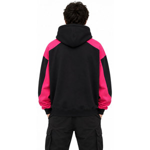 Black <b>Pink</b> Color Blocking Hooded Sweatshirt Raglan Sleeve Oversized Casual Autumn Heat Transfer Printed Front Logo - Product Image 5