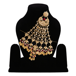 Pince à cheveux réglable en alliage de zinc de style ethnique avec perles rouges et chaînes dorées pour mariages et occasions nuptiales, faite à la main - Product Image 2
