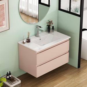 Mobile Bagno Sospeso da 32 Pollici con Doppio Cassetto, Ante Arrotondate, Sistema Soft-Close, Lavabo in Ceramica, Nessun Montaggio Hardware Richiesto - Product Image 4