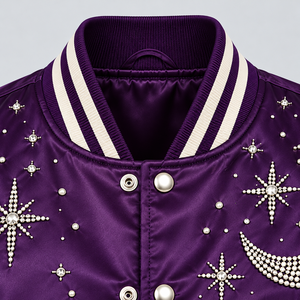 Chaqueta Varsity de Satén con Pedrería de Lujo, Elegante Chaqueta Bomber con Cristales y Estrellas, con Dobladillo Acanalado, para Moda Urbana y Fiestas - Product Image 6