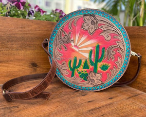 New Western Hand Tooled Leather Canteen Purse Designer Cowgirl & Cactus Round Crossbody Bags Genuine Leather Handbag for Women's - Product Image 4