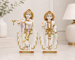 Statues de Radha et Krishna en résine et marbre, design traditionnel, faites à la main par Nirmala Handicrafts |   Krishna jouant de la flûte - Product Image 4