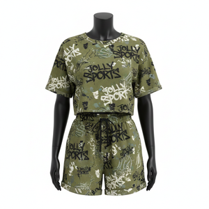Ensemble court pour femme, crop top et short, jersey coton polyester GSM, imprimé vert street, logo personnalisé par transfert thermique, 100% coton. - Product Image 6