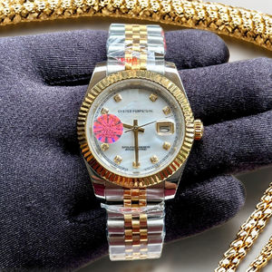 Reloj de Acero Inoxidable de Dos Tonos con Esfera de Nácar, Marcadores de Hora con Diamantes, Bisel Acordonado de 22 mm, Edición Limitada, Estilo Deportivo y Ejecutivo - Product Image 1