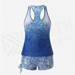 Ensemble tankini 2 pièces pour femmes, imprimé dégradé bleu, avec col licou et short à cordon de serrage, maillot de bain à séchage rapide - Product Image 6