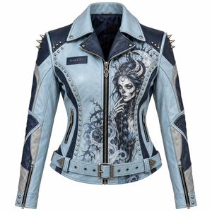 Chaqueta de Cuero Azul Marino Claro para Mujer, con Estampado Gráfico de Luna Creciente Celestial, Chaqueta Biker con Cinturón, Fabricación Personalizada, Proveedor OEM ODM - Product Image 1