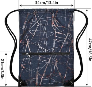 Navy Blue Nylon <b>Drawstring</b> <b>Backpack</b> with Abstract Pattern and Front Zipper Pocket - Product Image 4