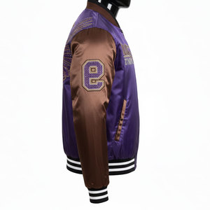 Purple Men's Bomber <b>Jacket</b> With Sequined Eagle Embroidery Brown Sleeves Zipper Closure Casual Style Autumn Wear - Product Image 4