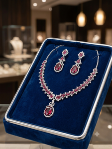 Luxury Silver Plated American Diamond <b>Ruby</b> Red Stone Pendant <b>Necklace</b> Set for Women Designer Wedding Party Wear Jewelry Gift - Product Image 2