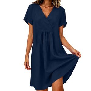 Robe trapèze décontractée d'été en coton 100% avec col en V et manches bouffantes, taille naturelle, silhouette fourreau, couleur unie, tissu respirant - Product Image 1