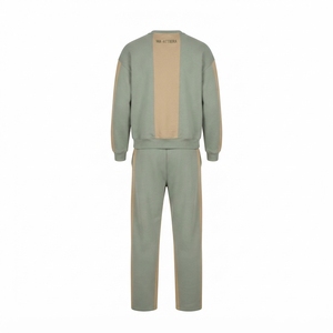 Ensemble sweat-shirt et pantalon de survêtement pour homme, col rond, couleurs contrastées, vert sauge, beige, streetwear décontracté, vêtements assortis, logo personnalisé - Product Image 4