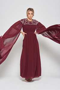 Modern Embellished <b>Sheer</b> Cape Sleeve Tea-Length Wrap Silhouette Evening Gown with Built-in <b>Bra</b> Embroidery & Beaded Decoration - Product Image 3