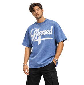 Nouveau design T-shirt imprimé croix 'Blessed' style urbain - Bleu délavé coupe ample mode Hip Hop pour hommes et femmes - Product Image 3