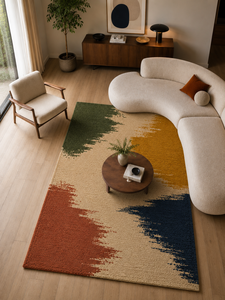 Tapis en laine tufté à la main sur mesure OEM, motif abstrait multicolore terre cuite et bleu marine, pour salon, fabriqué en Inde - Product Image 1
