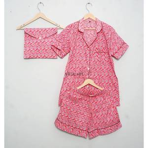 Ensemble de pyjama court pour femme 100 % coton indien doux, respirant et léger, idéal printemps/été, avec logo frontal, séchage rapide, personnalisable - Product Image 5