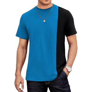 T <b>Shirt</b> Bright Blue Black Vertical Half Split Colorblock Short Sleeve Casual Crew Neck Top - Product Image 1