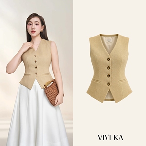 Chaleco Corto Entallado Informal para Mujer, Diseño Icónico Vietnamita, Botones Beige, Transpirable, Proveedor OEM ODM DELWYN Suits - Product Image 1