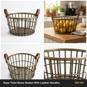 Cesta de Alambre de Hierro Hecha a Mano de 28 cm con Asas de Cuero y Varillas de Cuerda de Latón Antiguo, Material Metálico para Decoración del Hogar, Hoteles y Bodas - Product Image 6