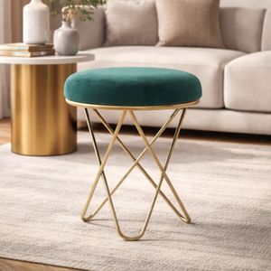 Pouf rembourré en velours vert émeraude de luxe, 45 cm, base en métal doré, siège pliable pour chambre à coucher, salon, entrée - Product Image 5