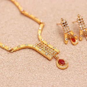 RAY FINE ORNATES 22K Gold Plated Brass <b>Ruby</b> CZ <b>Necklace</b> Set Pear Shape Stone Traditional Indian Bridal Wedding Jewelry IGI - Product Image 4