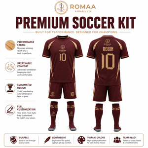 Tenue de football personnalisée bordeaux et or, maillot, short et chaussettes de qualité supérieure, sublimés, antibactériens, séchage rapide, pour équipes de football - Product Image 4