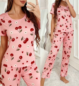 Women Striped Elastic Waist Eco-Friendly Pajama Set Short Sleeve Neck Cotton Sleepwear Casual Summer Loungewear Full Length - Product Image 1