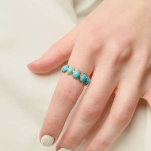18K Yellow <b>Gold</b> <b>Turquoise</b> Eternity Wedding Band Resizable Prong & Pave Setting - Product Image 1