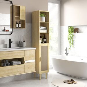 Mobile da bagno alto in rovere con ripiani regolabili e porte in Rattan mobili di stoccaggio indipendenti - Product Image 2