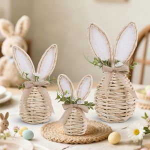 Set of 3 Neutral Easter Decor for Home Table Centerpieces Rattan Bunny with Flowers Easter Decorations - Product Image 2