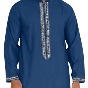 Medium Blue Lace Embroidered <b>Thobe</b> Natural Cotton Breathable Finish Sophisticated Traditional Premium Tailored Design <b>Men</b> Thobes - Product Image 5
