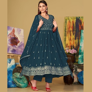 Elegante Traje Anarkali Azul Turquesa para Mujer, Manga 3/4, Georgette Crepé, Semi-Cosido, de Secado Rápido y Elástico, para Bodas y Diwali - Product Image 1