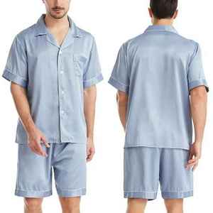 <b>Men's</b> Light Blue Satin Short Sleeve <b>Shirt</b> Shorts Set Breathable Casual Summer Wear Solid Color Two Piece Customizable Pajama - Product Image 1