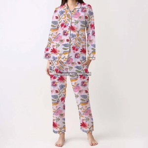 Pijama de algodón con estampado de bloque de mano, traje de noche Kurti primavera/verano Floral/personaje/letra/patrón/vacaciones/patrón de árbol de coco - Product Image 6
