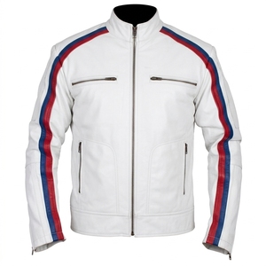 <b>Men's</b> Genuine <b>Leather</b> Motorcycle <b>Jacket</b> Stand Collar Zipper Closure Brown With Tan Stripes Moto Biker Style Autumn Wear - Product Image 4