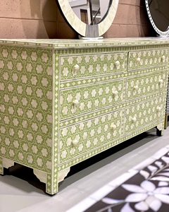 Indian Artisan Made Fully Handcrafted Bone Inlay Green Dresser <b>6</b> <b>Drawers</b> Mediterranean Style Living Room Cabinet Antique - Product Image 6