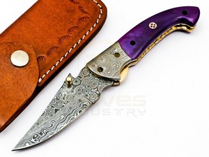 Couteau pliant artisanal en acier Damas avec manche en os coloré – Couteau de poche EDC avec mosaïque de clous - Product Image 3